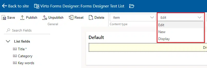 Selecting a Form type to be changed with the SharePoint Forms Designer