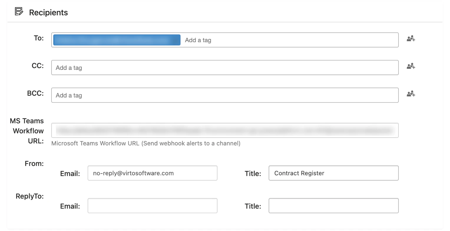 Abschnitt „Empfänger“ einer Virto-Benachrichtigung mit ausgefülltem Feld „MS Teams Workflow URL“