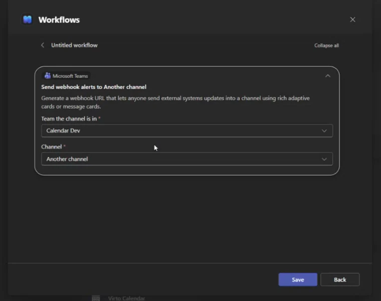 Auswahl von Team und Kanal für den Webhook-Workflow in Microsoft Teams