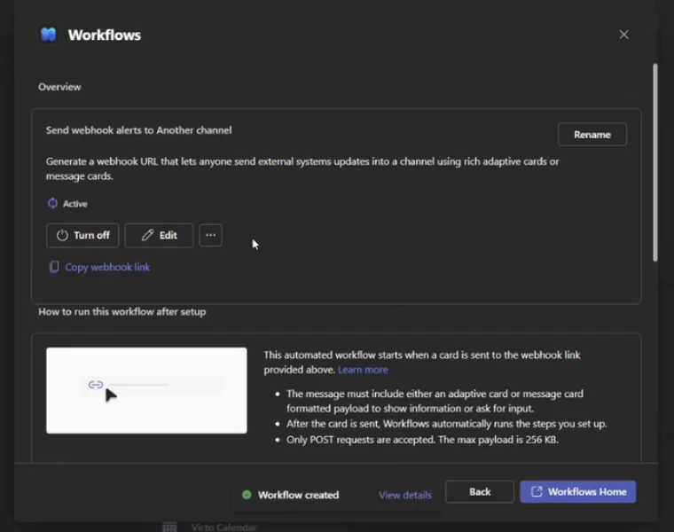 Option „Copy webhook link“ für den neu erstellten Workflow in Microsoft Teams
