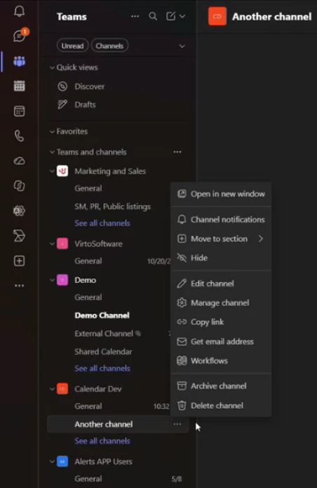 Auswahl von Workflows im Menü „Weitere Optionen“ eines Microsoft-Teams-Kanals