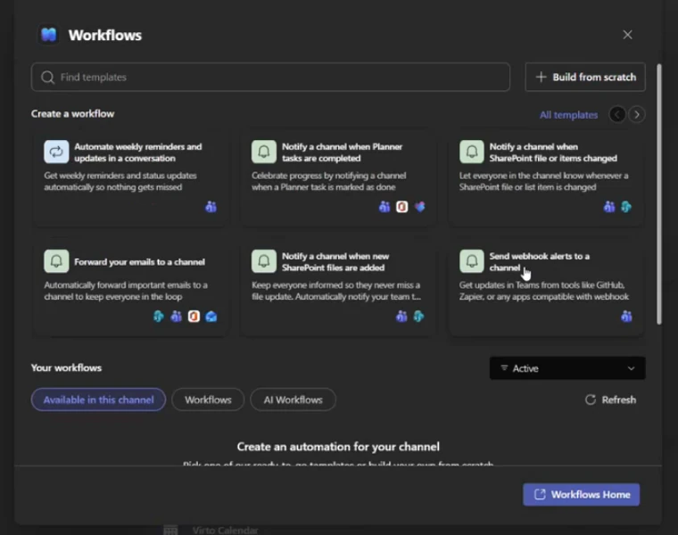 Vorlage „Send webhook alerts to a channel“ im Workflows-Dialog von Microsoft Teams
