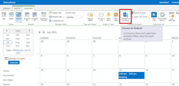 Connecting your SharePoint calendars to Outlook