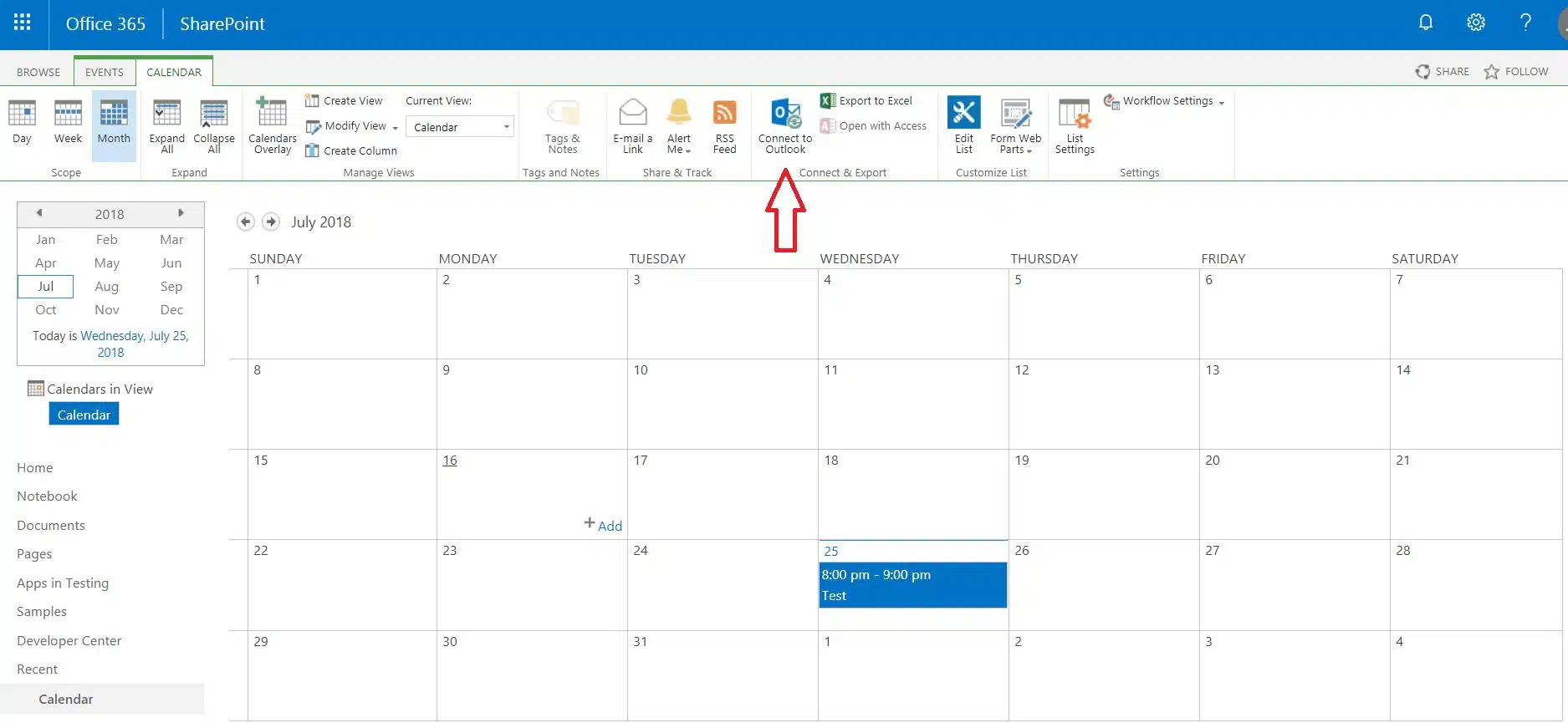 Find the Connect to Outlook feature from the group "Connect & Export" on the ribbon and click on it to sync SharePoint calendar with outlook