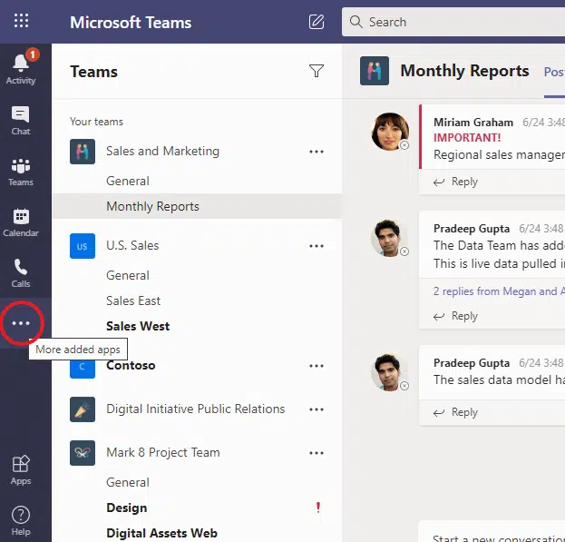 Öffnen Sie Ihr Microsoft Teams Projektmanagement und klicken Sie auf der linken Seite auf die drei Schaltflächen „Weitere hinzugefügte Anwendungen“.