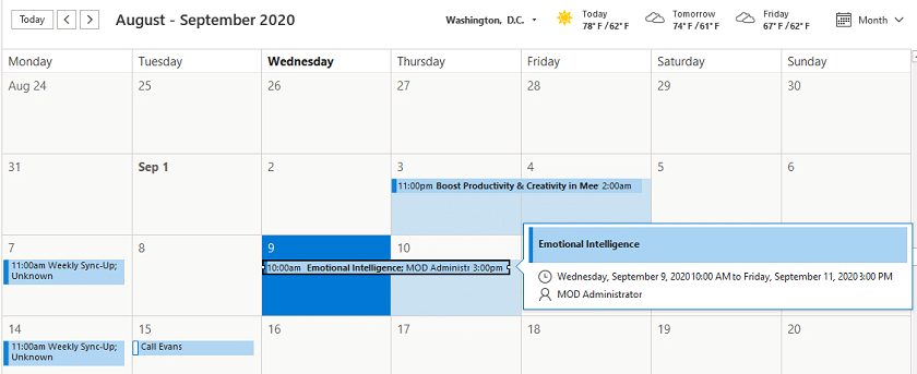 Added event in the Outlook calendar