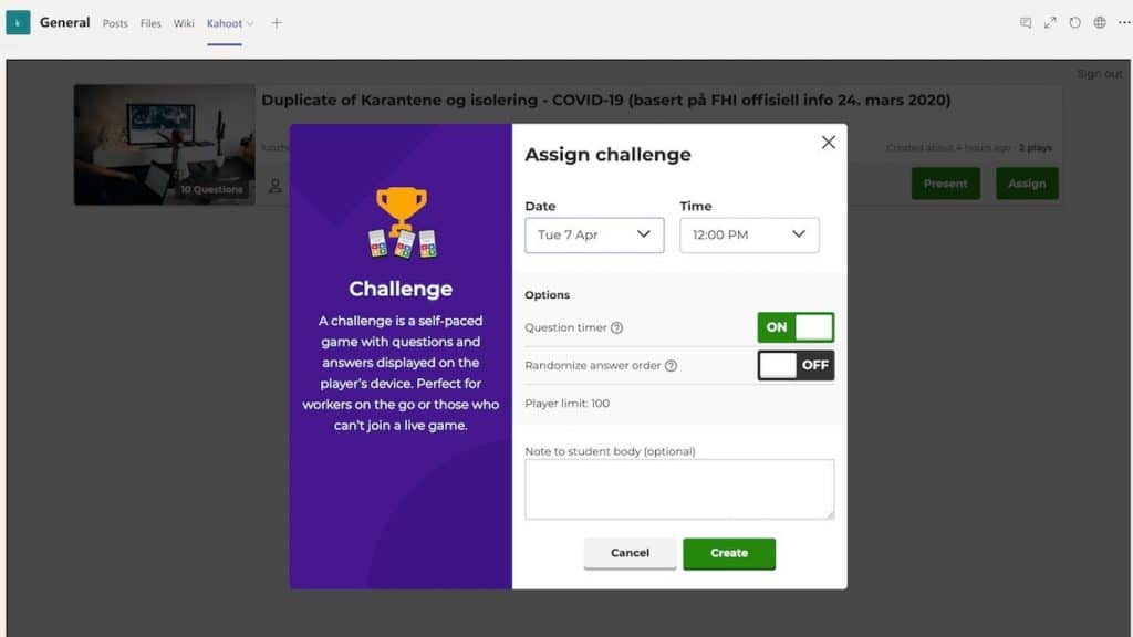 kahoot! challenge assigning interface