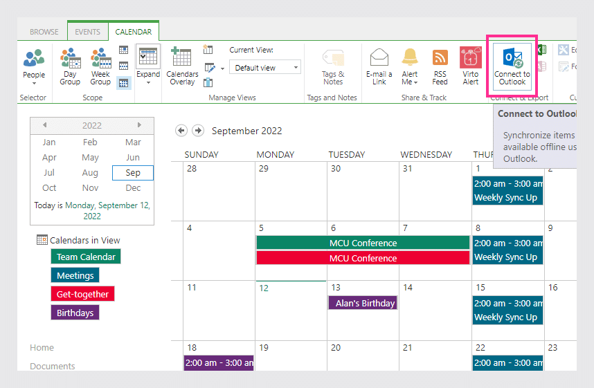 create a new SharePoint calendar or select one of your existing Office 365 calendars to sync with Outlook