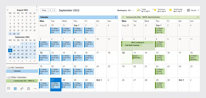 see your Office 365 calendar next to the Outlook calendar