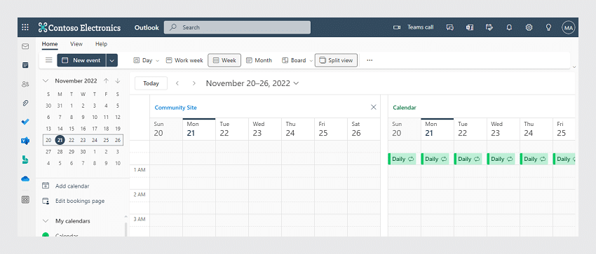 Side-by-side views of calendars in Microsoft Exchange