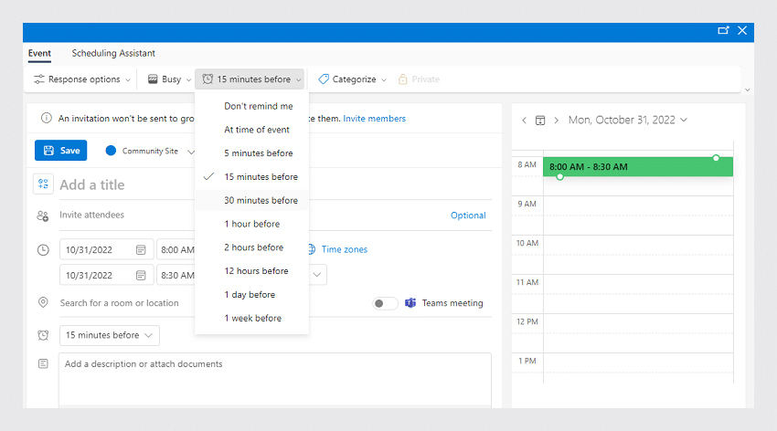 Creating in-app reminders for appointment in Microsoft Exchange calendar