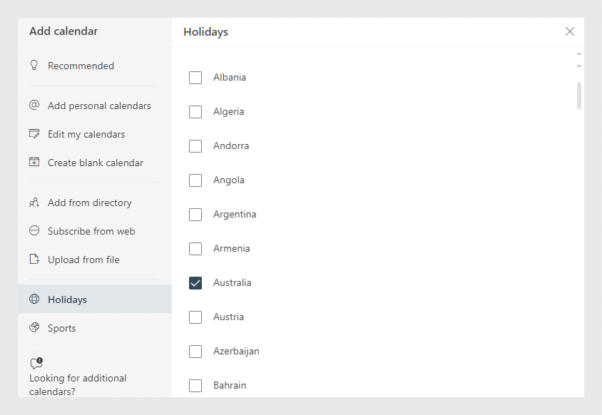 Adding holiday calendar in Microsoft Exchange
