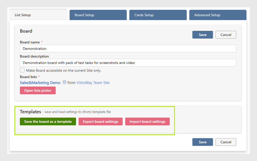 List Setup Settings