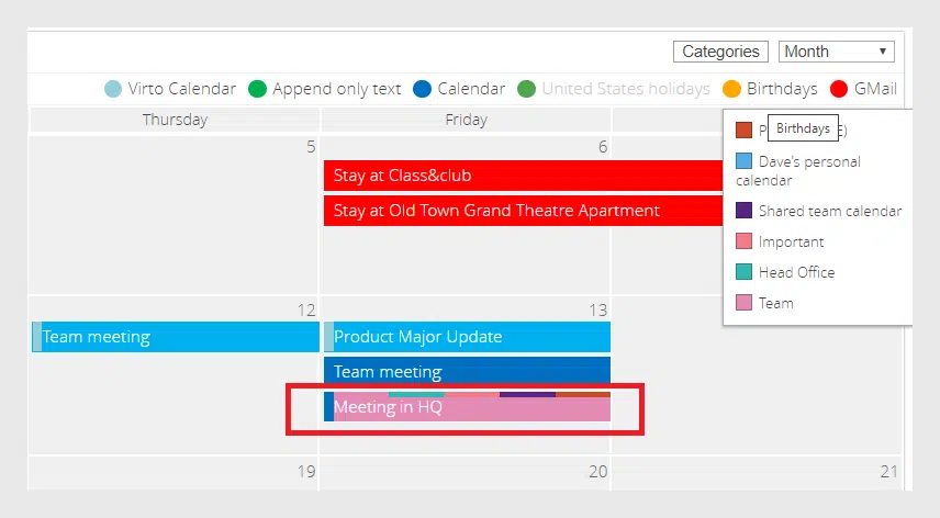 Displaying multiple categories for Outlook events in Virto Calendar