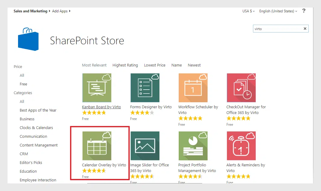 find Virto Calendar Overlay in the SharePoint store.