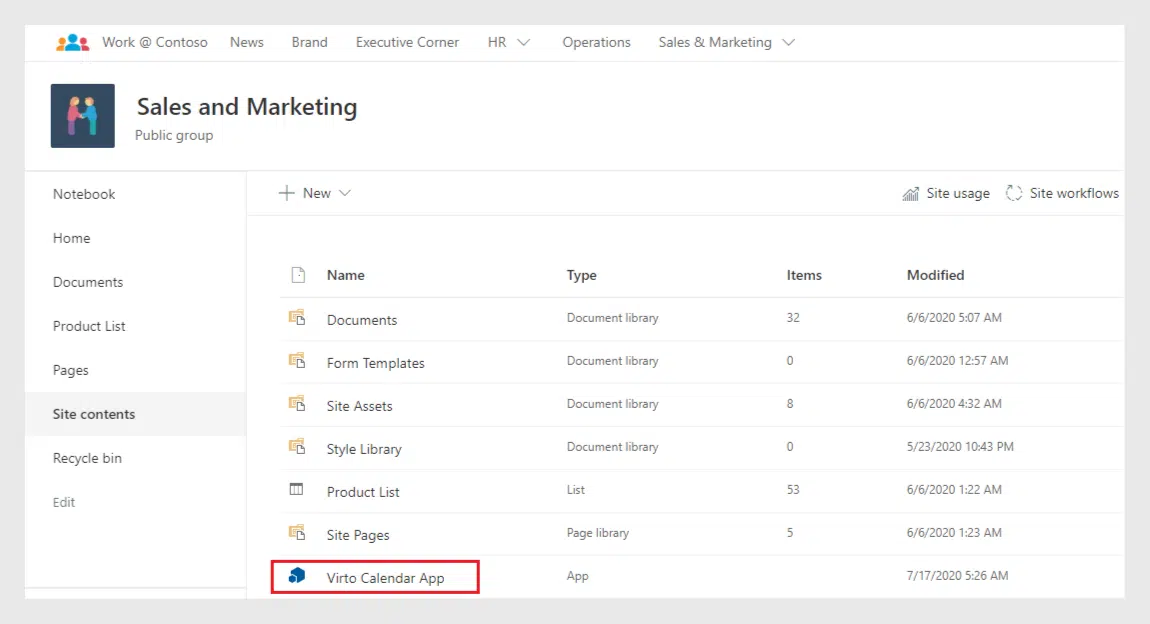 In the “Site contents” of your SharePoint site find “Virto Calendar App”