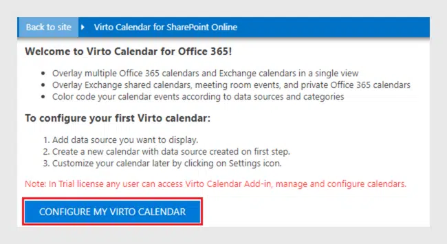 Configure my Virto Calendar