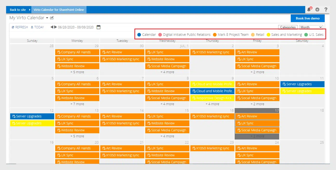 see the selected types of events in the Virto Calendar overlay.