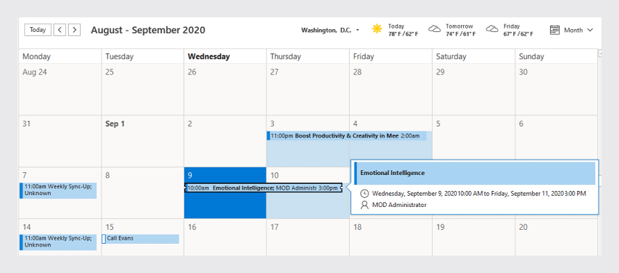 Added event in the Outlook calendar