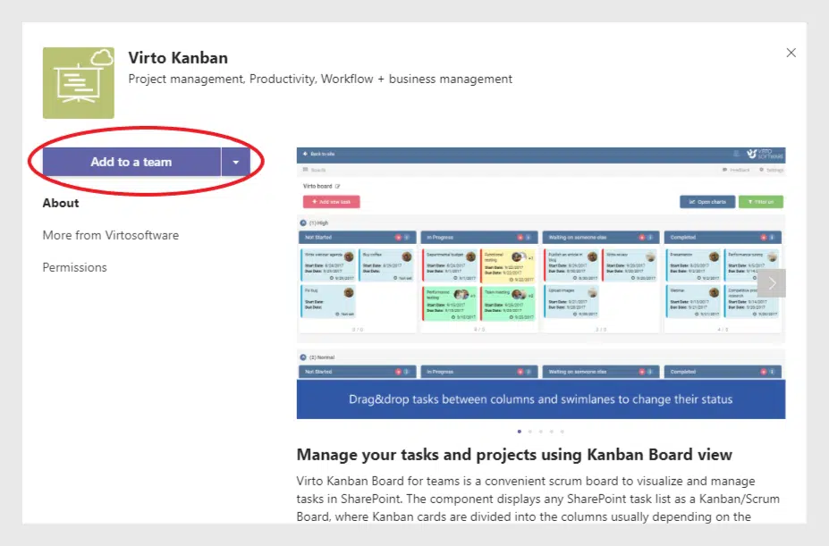 As Virto Kanban Board overview appears, click “Add to a Team”.