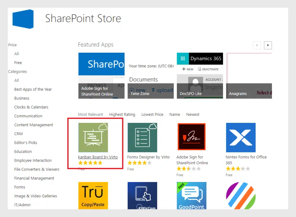 select Virto Kanban Board in the SharePoint store.