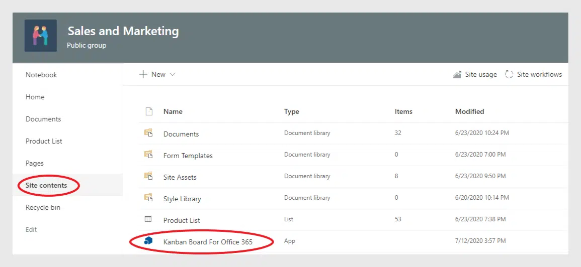 find “Kanban Board for Office 365” in the “Site contents”. Click the link.
