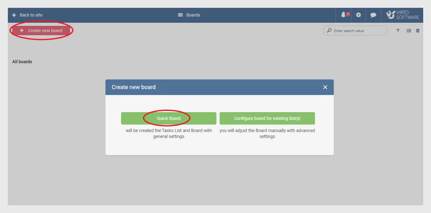 Then if you select “Quick Board”, the task list with basic fields and set of parameters will be created automatically.
