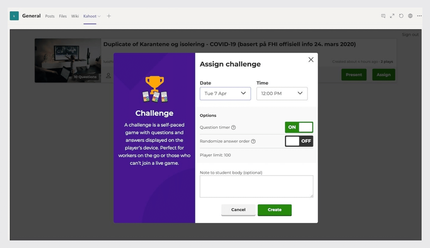 kahoot! challenge assigning interface