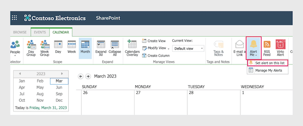 Configuring alerts in SharePoint calendar