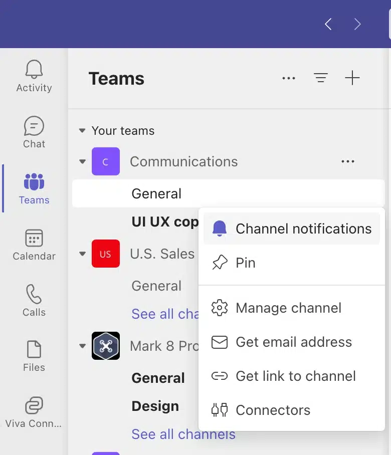  “Channel notifications” settings in MS Teams
