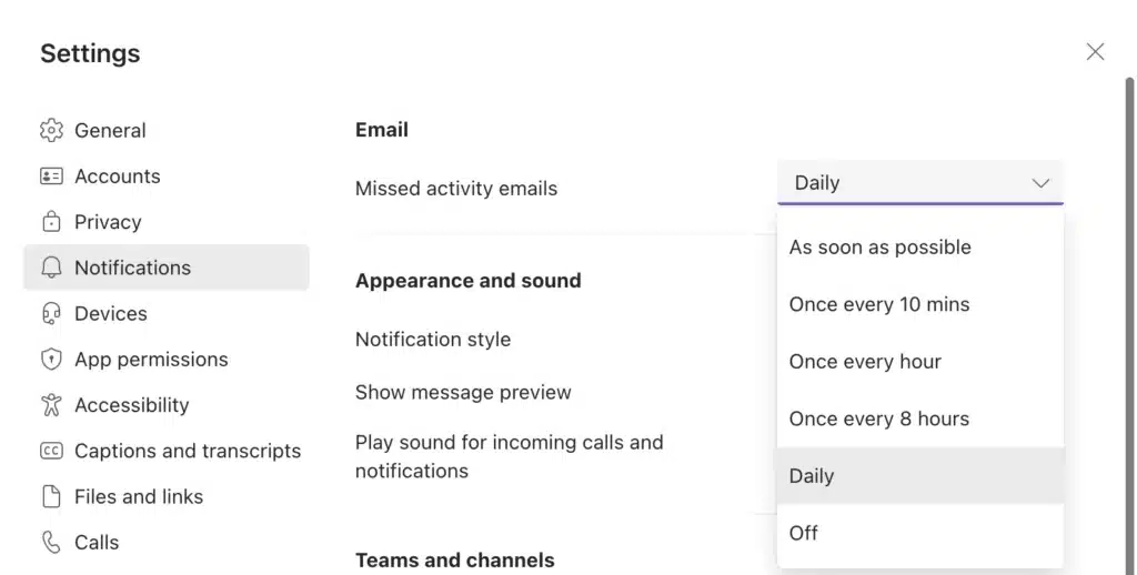 email notifications settings in MS Teams