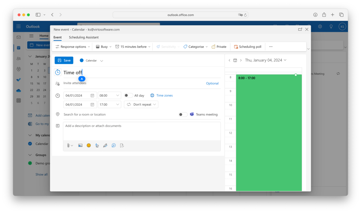 how to add vacation to ms teams calendar