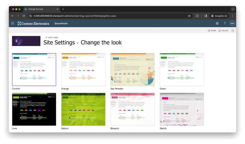 change sharepoint site theme and colors