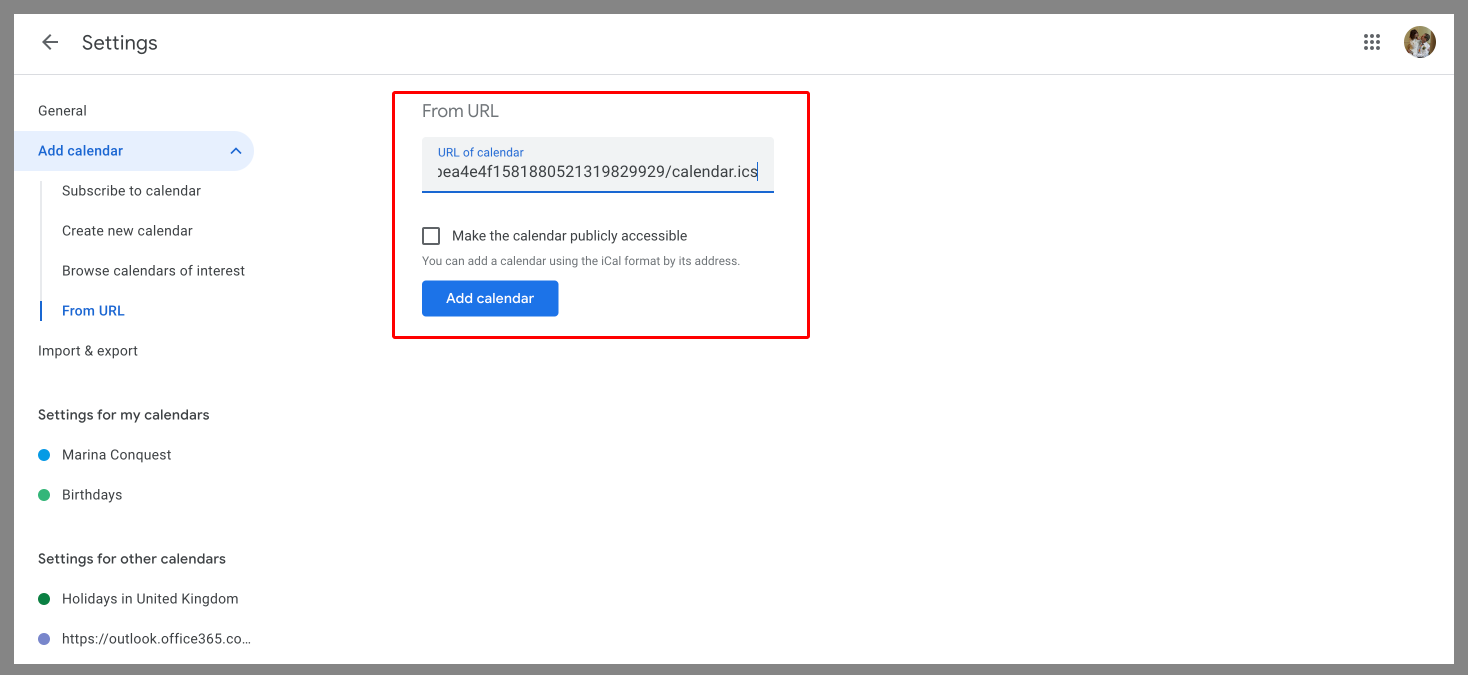  Pasting the ICS link from Outlook to the Google ‘Other calendars’ section. 