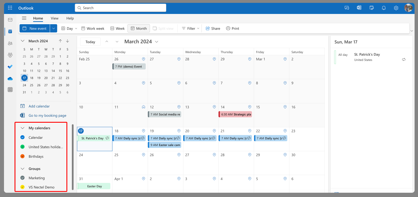 Selecting a calendar & permissions in the Outlook Calendar settings.