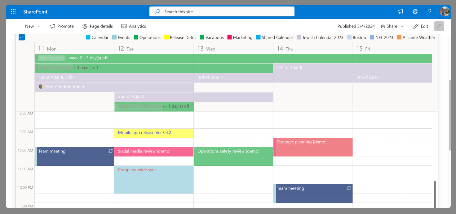 The Virto Calendar Overlay app example schedule.