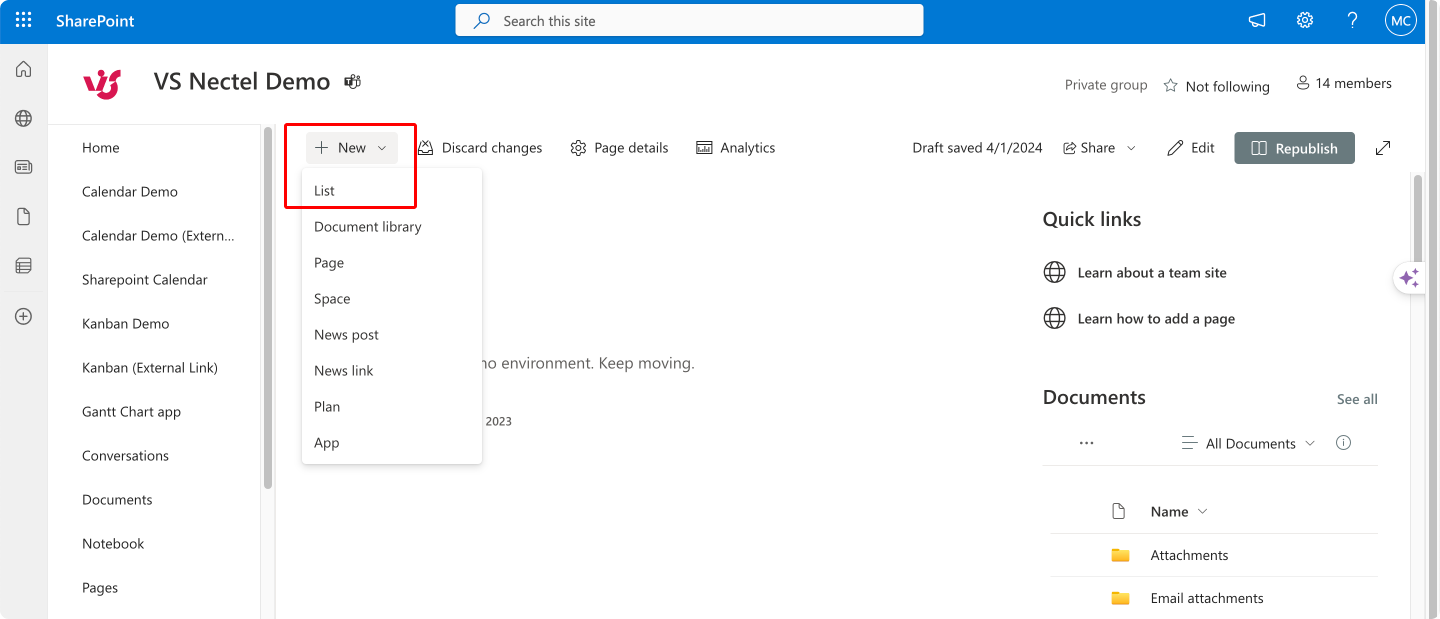 Creating a list within a SharePoint site.