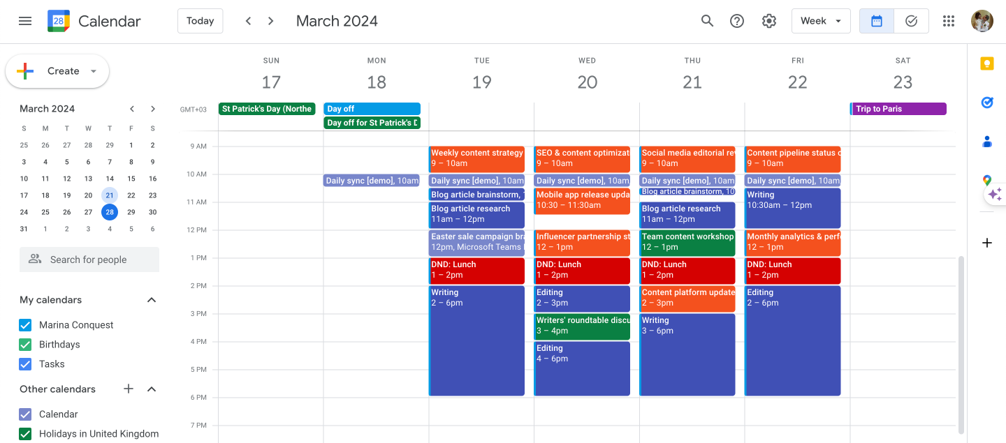 Example of Google project scheduling calendar