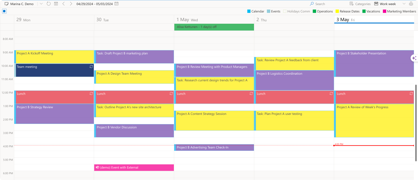 Example work week in the Virto Calendar App.