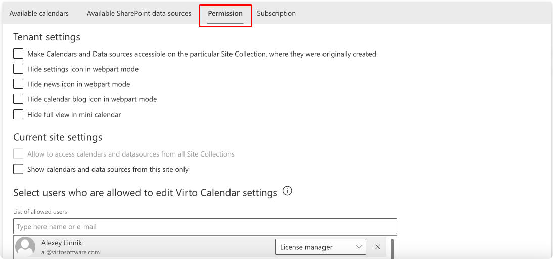 To check and adjust your Virto Calendar permissions, navigate to your calendar settings and choose “Permissions”.