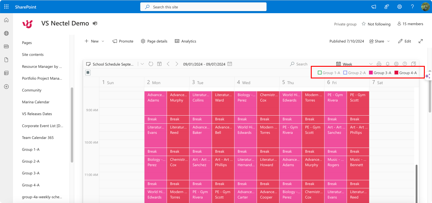 An overlaid view of different lists (groups/schedules) in Virto Calendar.