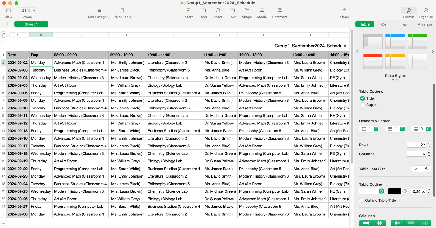 Exported CVS file with an example AI generated schedule.