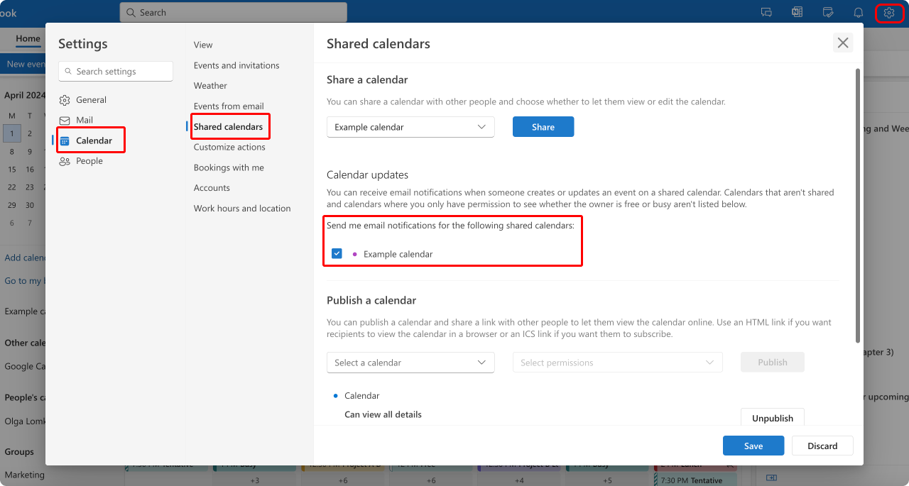 Setting up notifications for shared calendars.