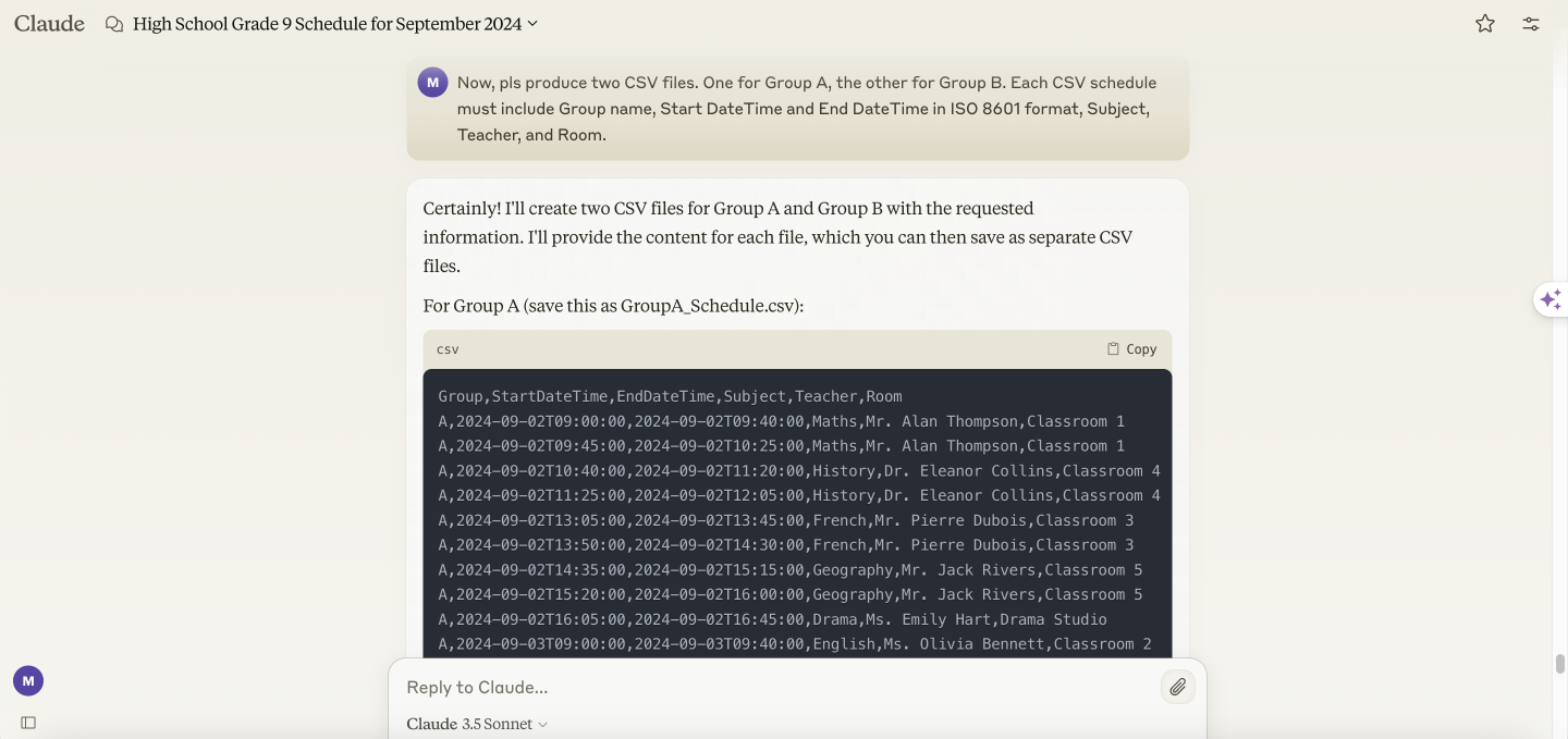  Resulting CSV from Claude.