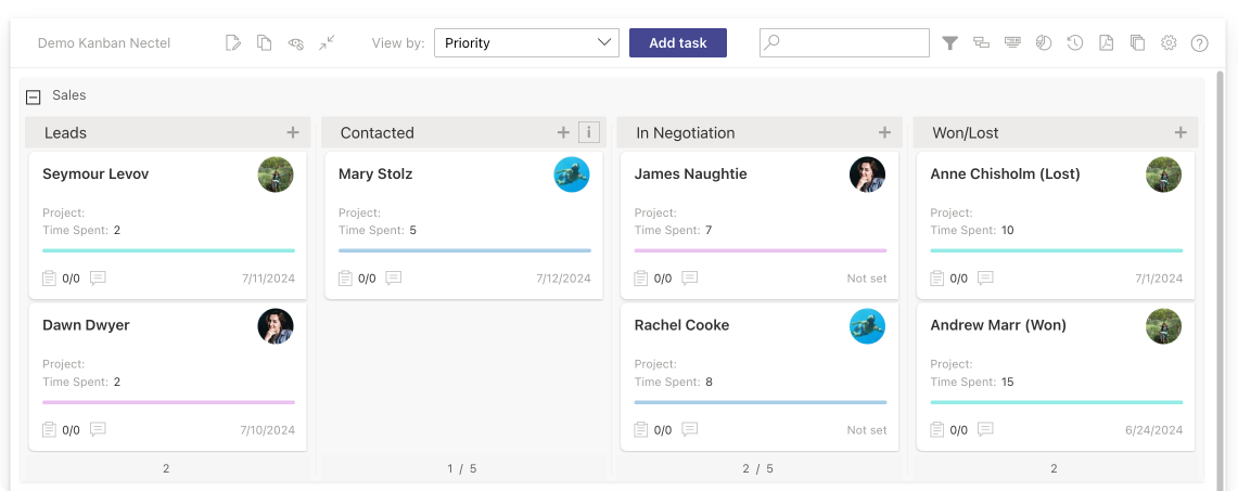 Example Virto Kanban Board app for a sales department. 