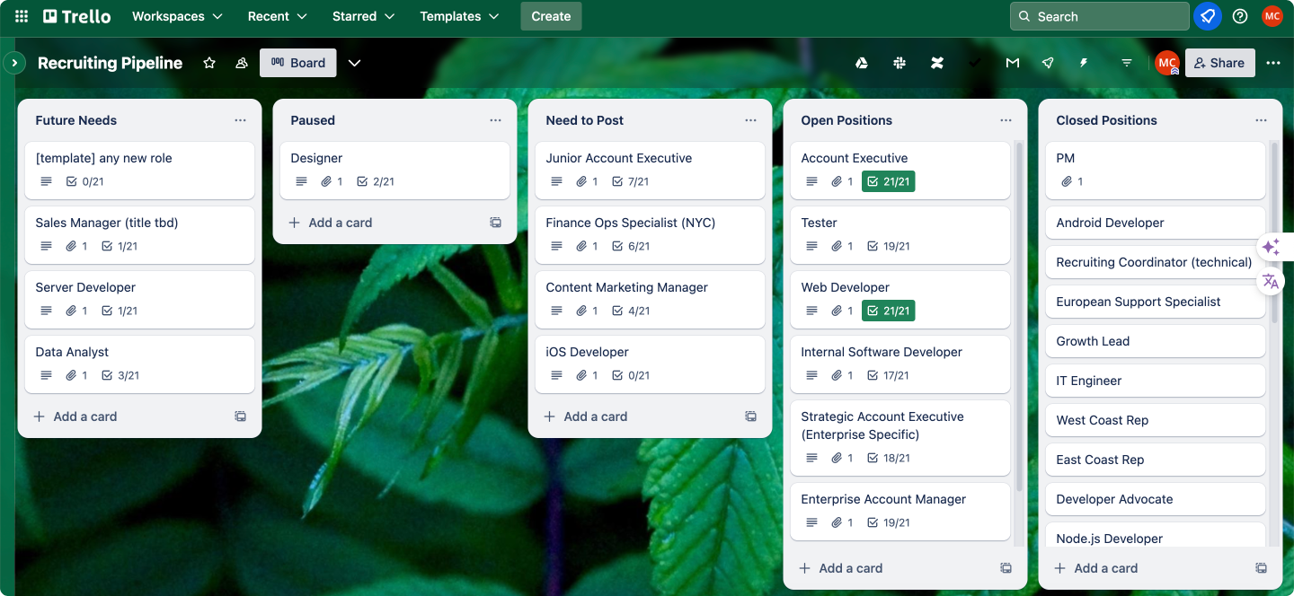 Trello Kanban board template for a recruiting pipeline. 