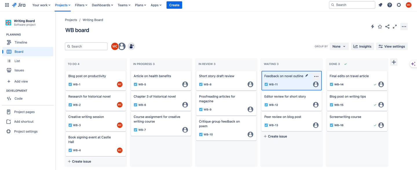 An example Jira Kanban board for a writer. 