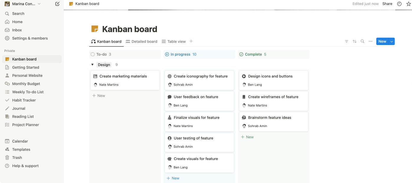 Notion Kanban board template for a design team. 