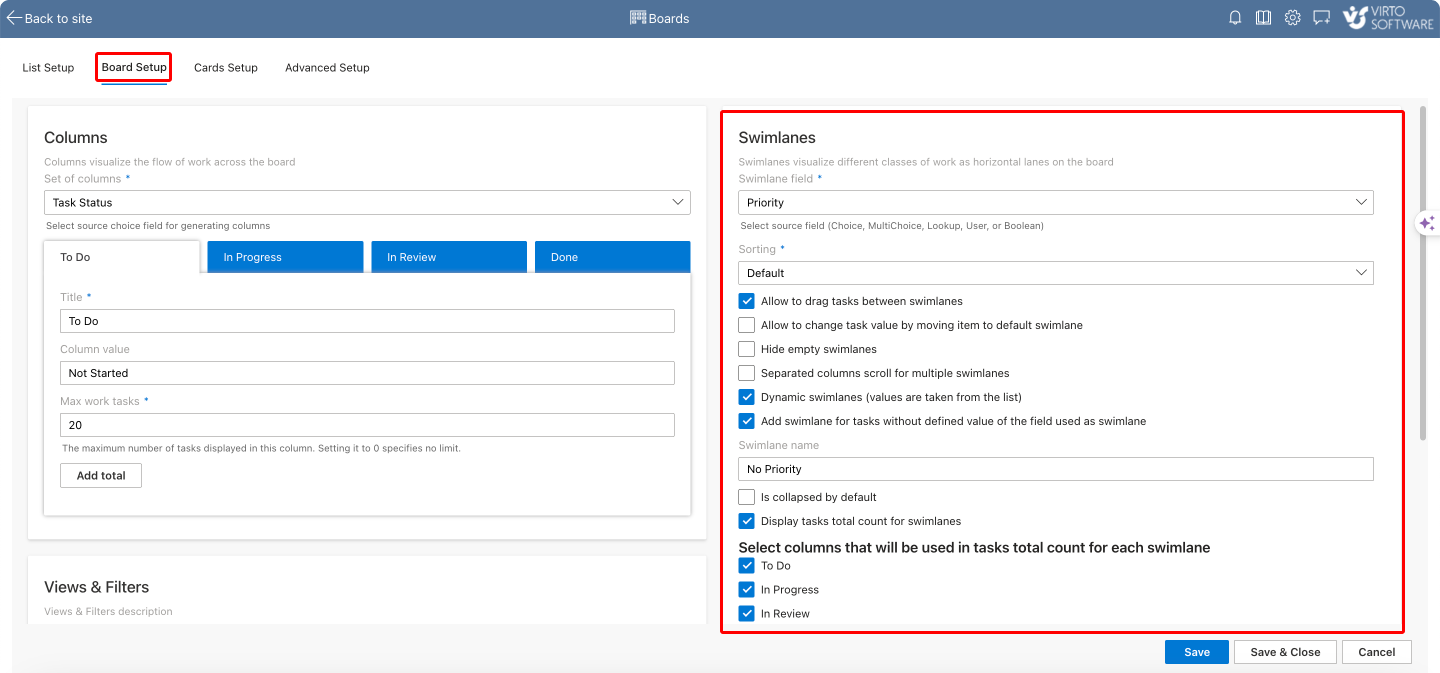 Click on “Board Setup” to access swimlane settings. 