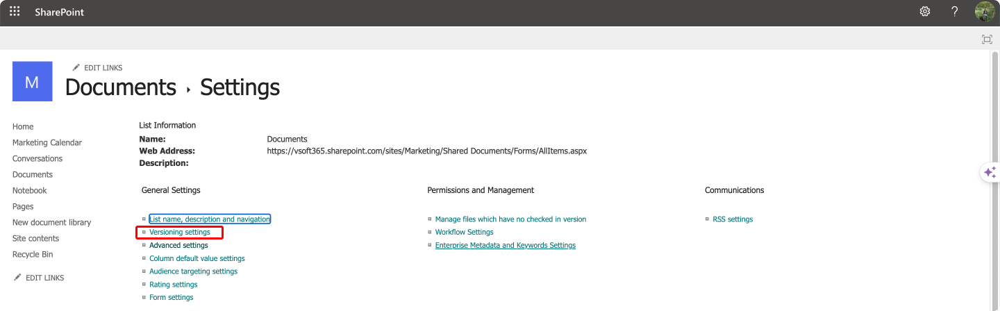 Navigating to the “Versioning settings”.